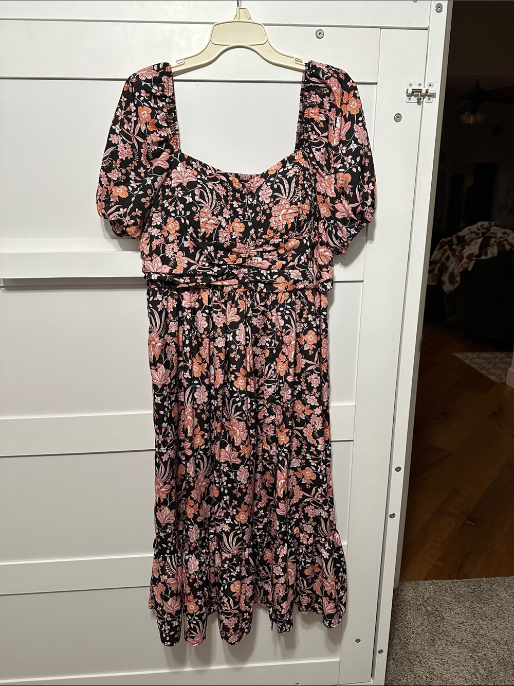 Maurices Black Midi Dress with Pink and Coral Floral Pattern